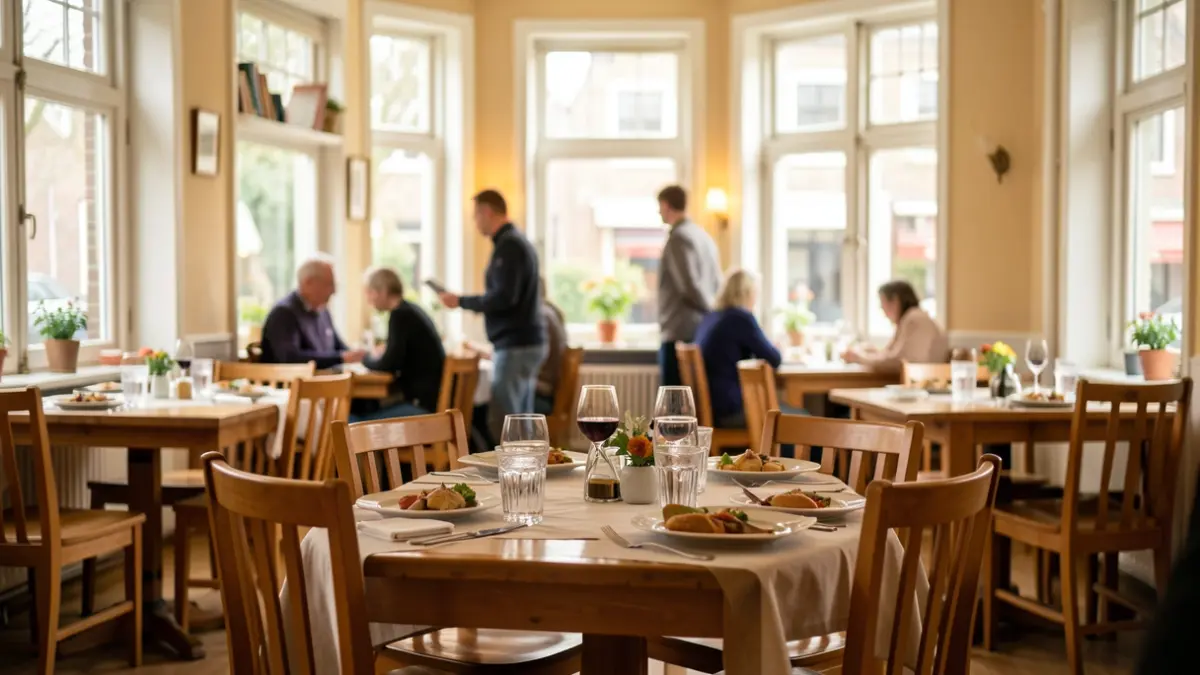Generieke afbeelding van een gezellig buurthuis met gedekte tafels en zachte verlichting.