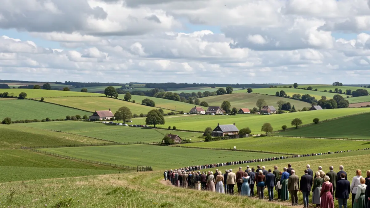 Generieke afbeelding van een Vlaams landschap met glooiende groene heuvels en verspreide boerderijen onder een deels bewolkte hemel, symbool voor regionaal beleid.
