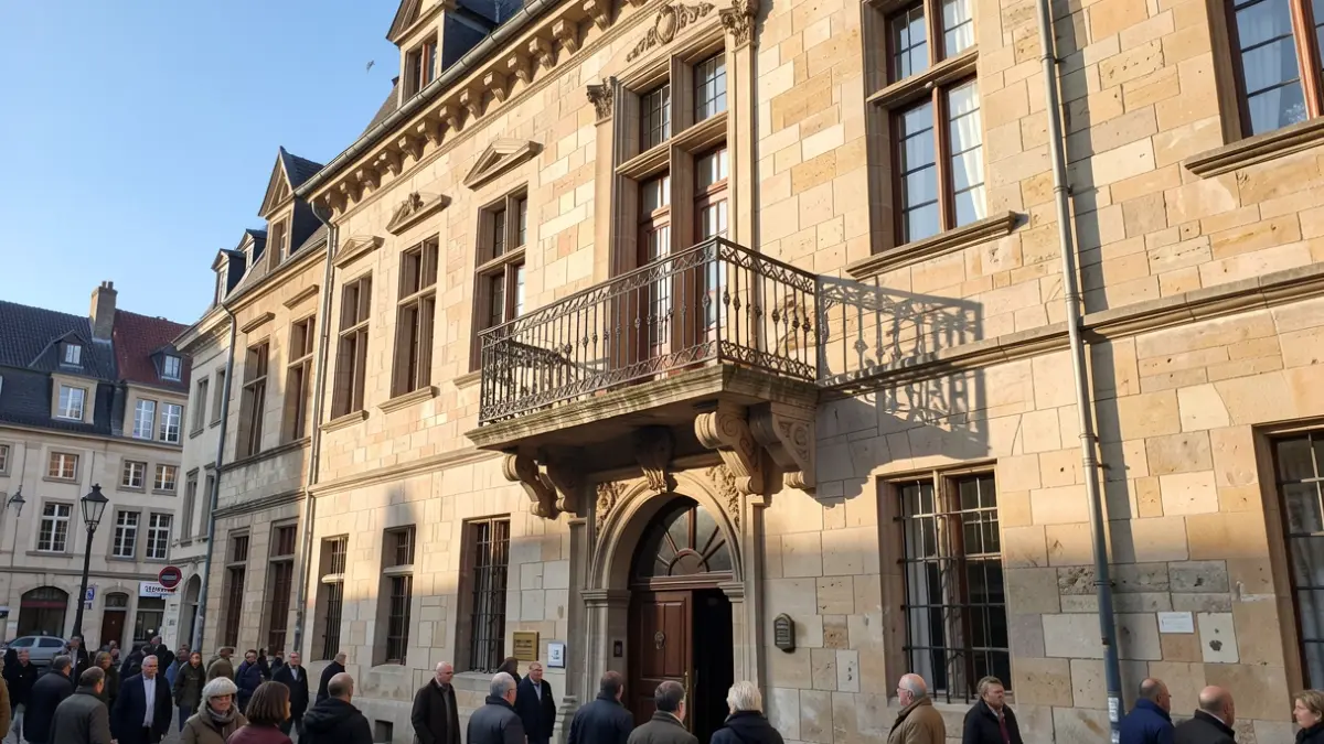 Generieke afbeelding van een traditionele stenen gevel van een Vlaams stadhuis met een sierlijke balkon en ijzeren balustrade, in warm middaglicht.