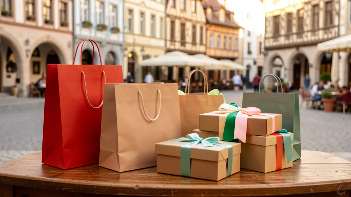 A collection of diverse shopping bags and gift boxes on a wooden counter, with a blurred background of a charming Belgian town square.