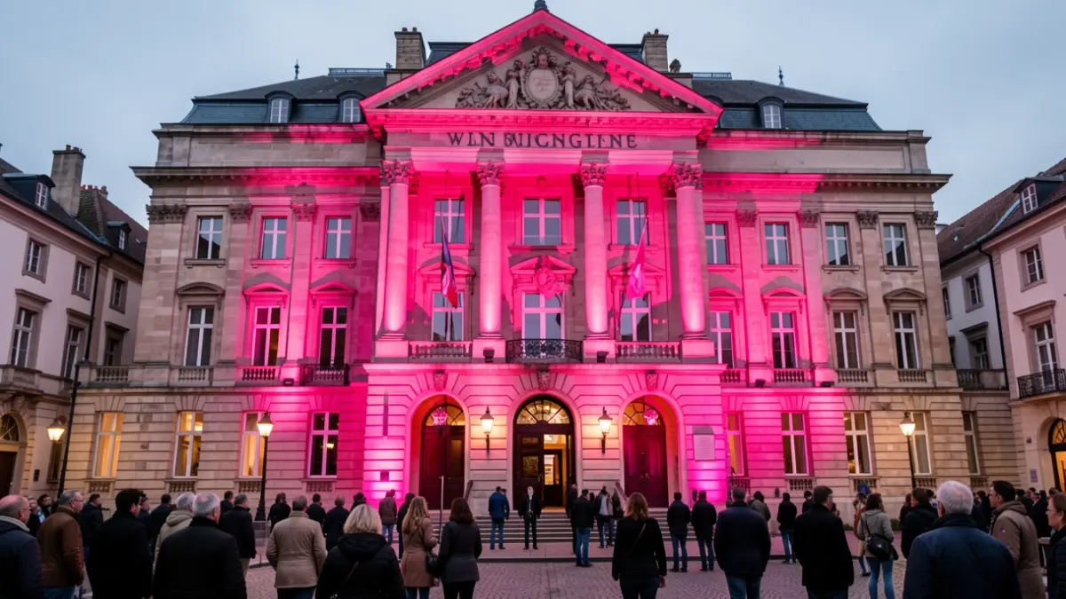 Het gemeentehuis van Wingene verlicht in roze voor de Pink Illumination campagne.