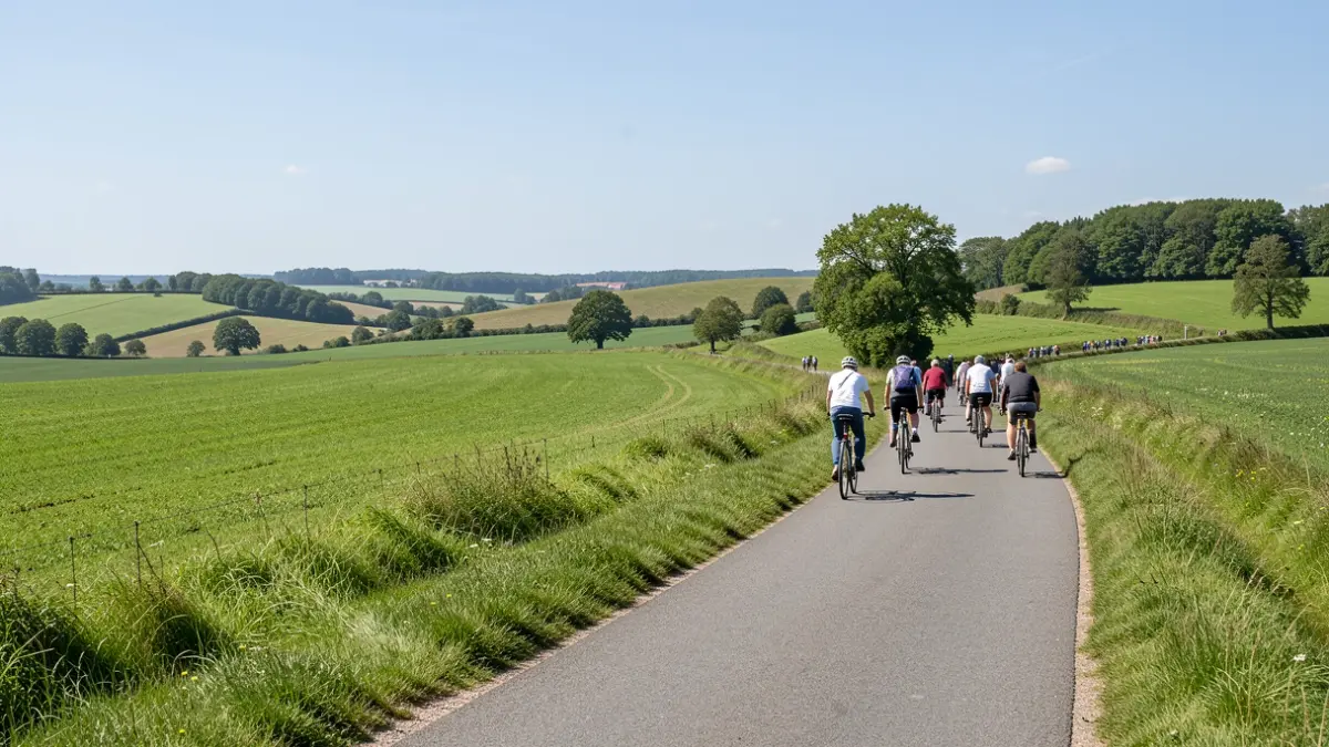 A scenic cycling route through the countryside of Poperinge, West Flanders, with green hills and a blue sky.