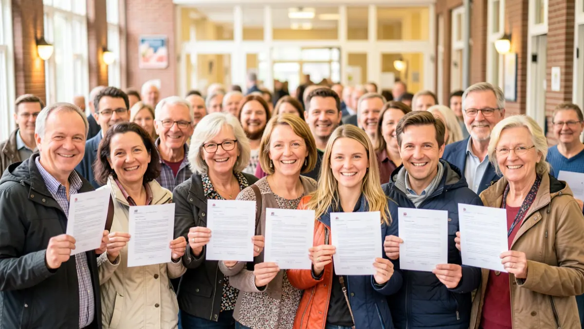 Groep lachende mensen met ingevulde formulieren voor een Vlaams gemeentehuis.