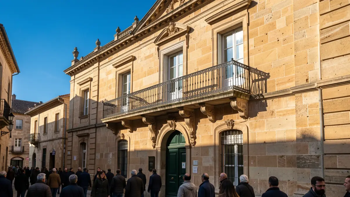 Generic image of a traditional stone town hall facade with an ornate balcony and iron railings, warm afternoon sunlight casting shadows on the sandstone walls, blue sky, documentary photography style.
