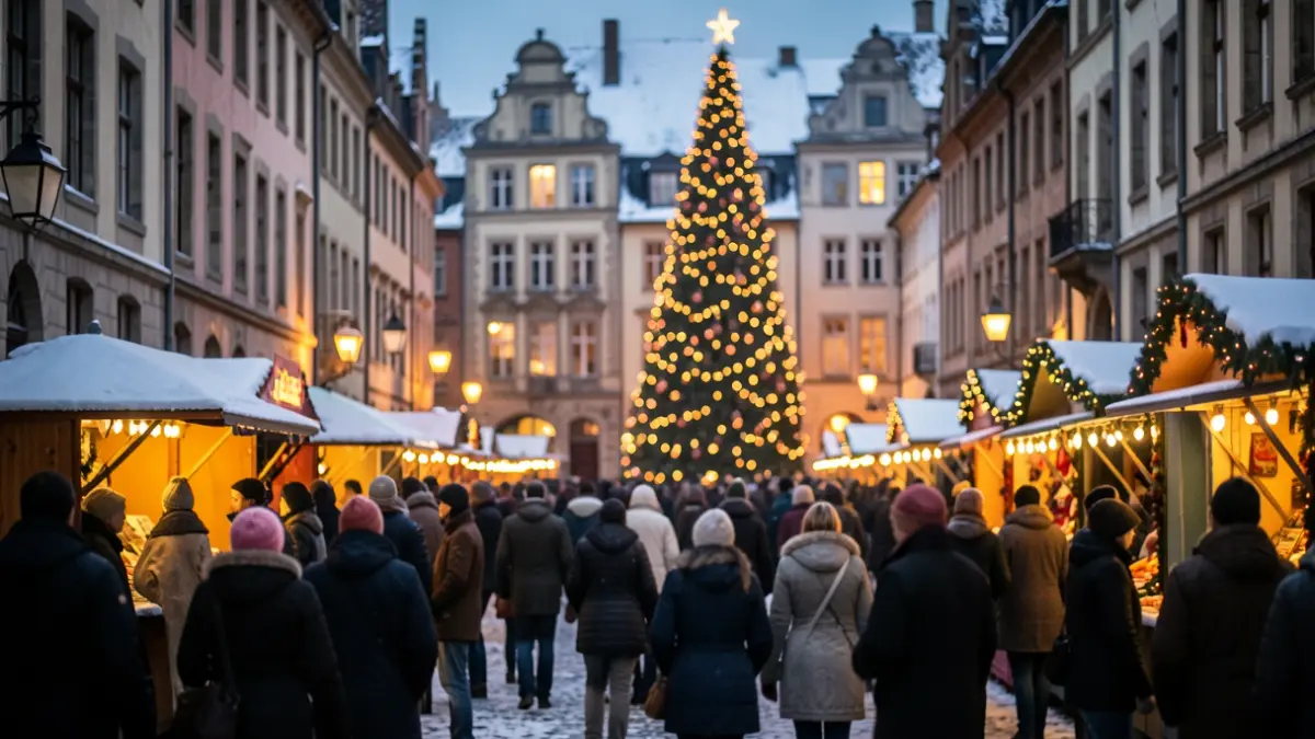 Generic image of a festive winter city square at dusk, warm glow emanating from buildings, shallow depth of field.