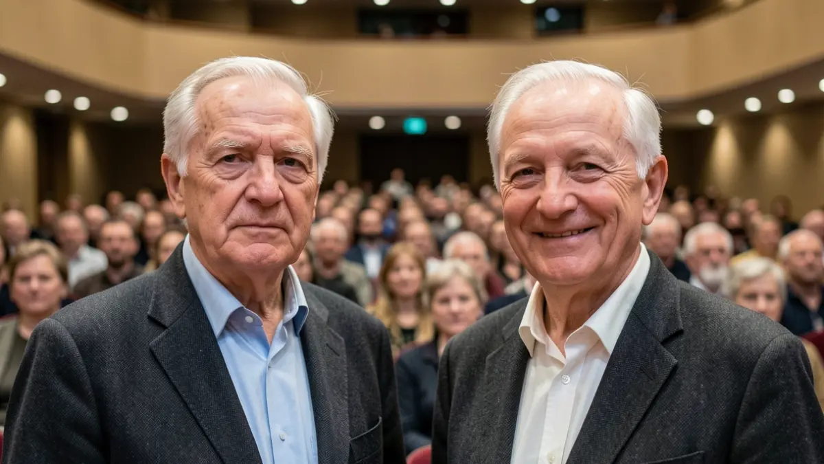 Two elderly men, WWII witnesses, stand side-by-side in front of an audience. The atmosphere is hopeful and reflective.