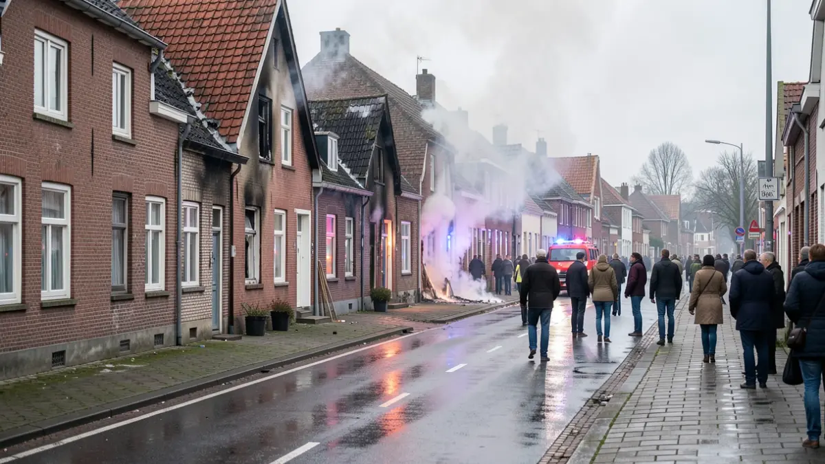 Generic image of a street in a Flemish municipality with houses, one heavily damaged by fire, with red and blue emergency lights reflecting on the wet asphalt.