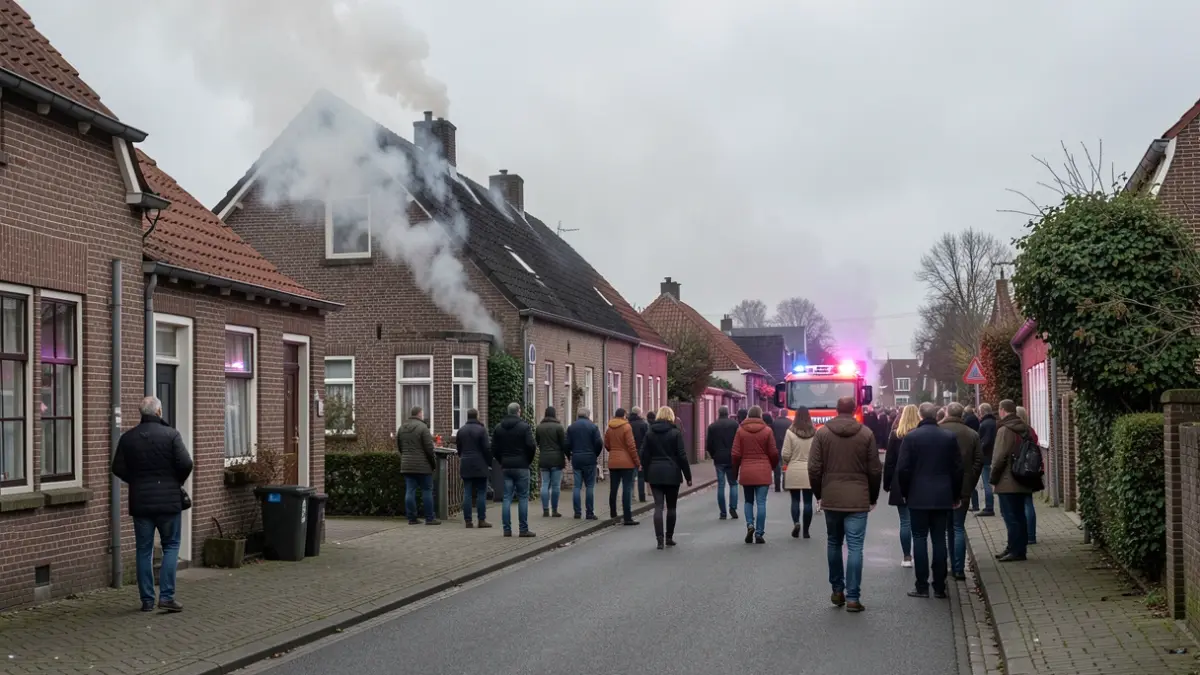 Generic image of a street with smoke rising from a house, with emergency services in the background under an overcast sky.