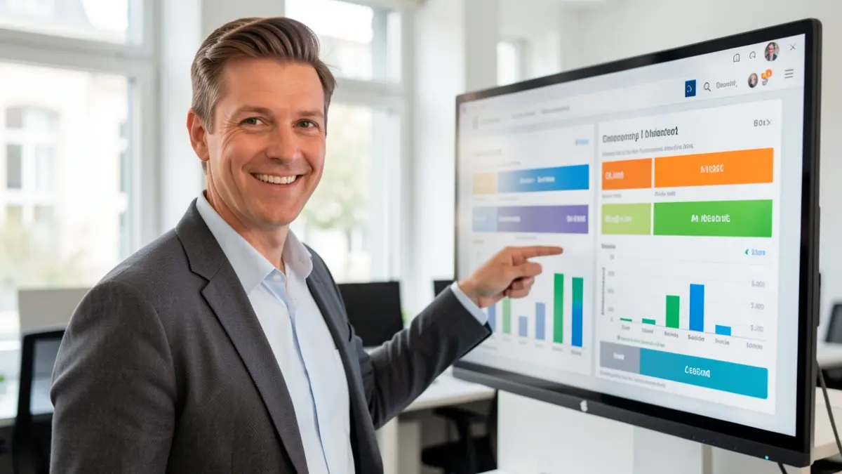 A helpful advisor shows energy contract comparisons on a screen in a modern office.