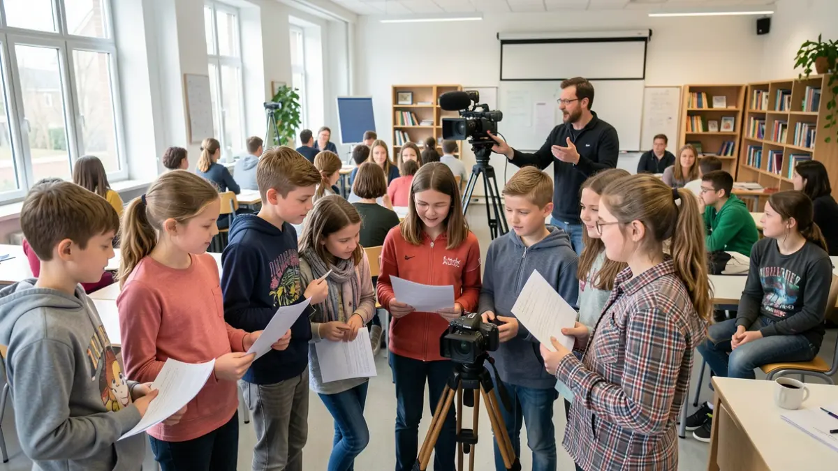 Studenten werken samen aan een kortfilmproject in Vlaanderen, met focus op het creatieve proces.