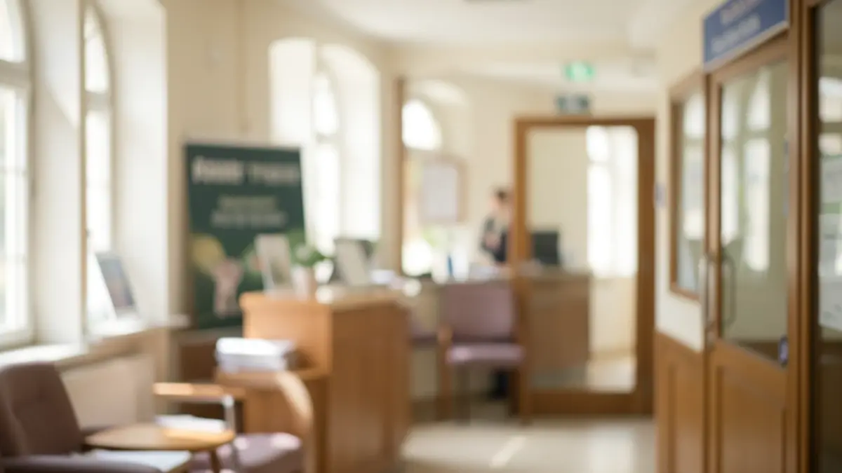 Generic image of a hospital reception area with a blurred background, soft daylight, and a sign indicating health information.