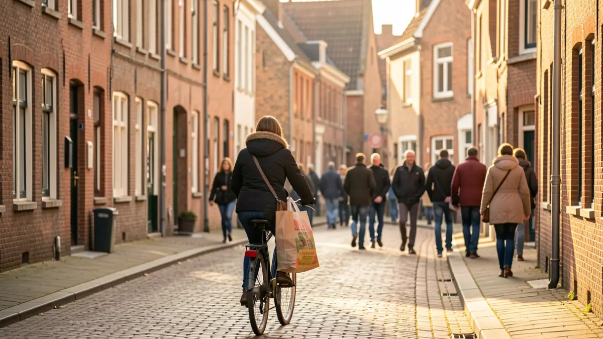 Generieke afbeelding van een persoon op een fiets met boodschappentassen, rijdend op een straat in een Vlaamse gemeente met traditionele baksteenarchitectuur, warm middaglicht, geringe scherptediepte. Geen tekst of logo's zichtbaar.