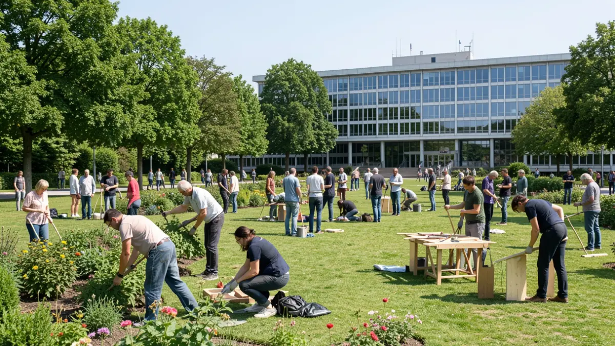 Generieke afbeelding van medewerkers van een maatwerkbedrijf die samenwerken in een park en bij een gemeentegebouw.