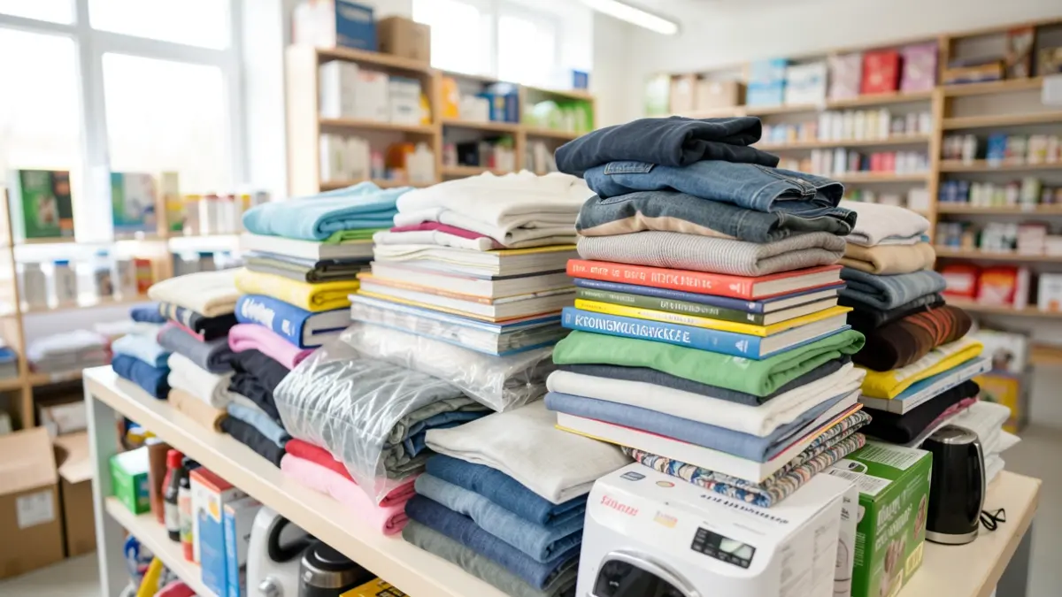Generieke afbeelding van een stapel herbruikbare spullen zoals kleding, boeken en kleine apparaten, netjes opgestapeld in een lichte, schone opslagruimte.