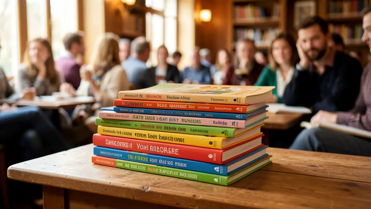 A stack of sturdy, colorful children's books on a wooden table, with a soft, blurred background suggesting a cozy reading nook. Warm, natural light illuminates the scene.
