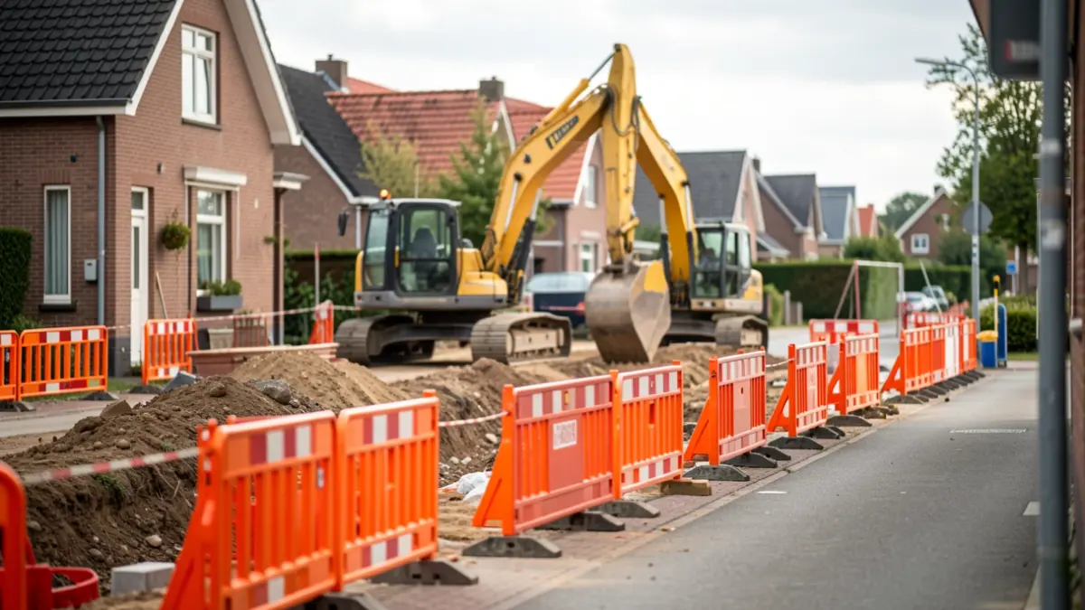 Generieke afbeelding van een bouwterrein met oranje afzettingen en graafmachines in een Vlaamse straat.
