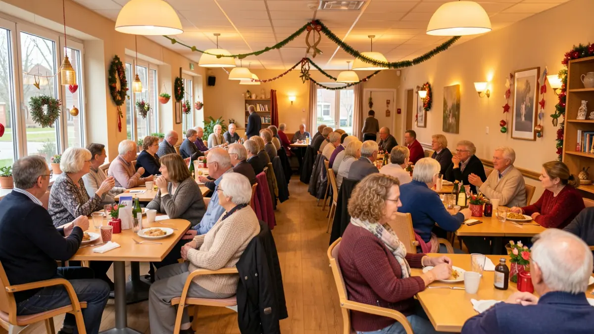 Generic image of a cozy gathering of different generations in a Flemish care home, with warm lighting and decorations suggesting a festive atmosphere. No specific people or text visible.