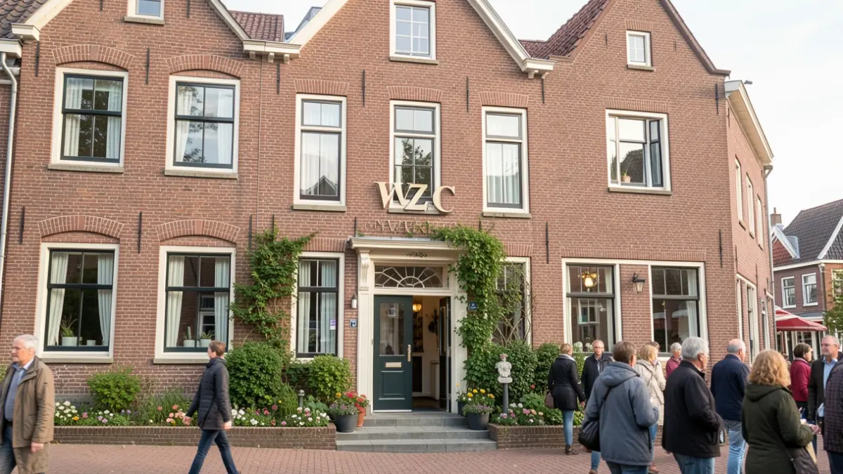 Generieke afbeelding van de gevel van een Vlaams woonzorgcentrum met een uitnodigende ingang, in traditionele Vlaamse stijl.