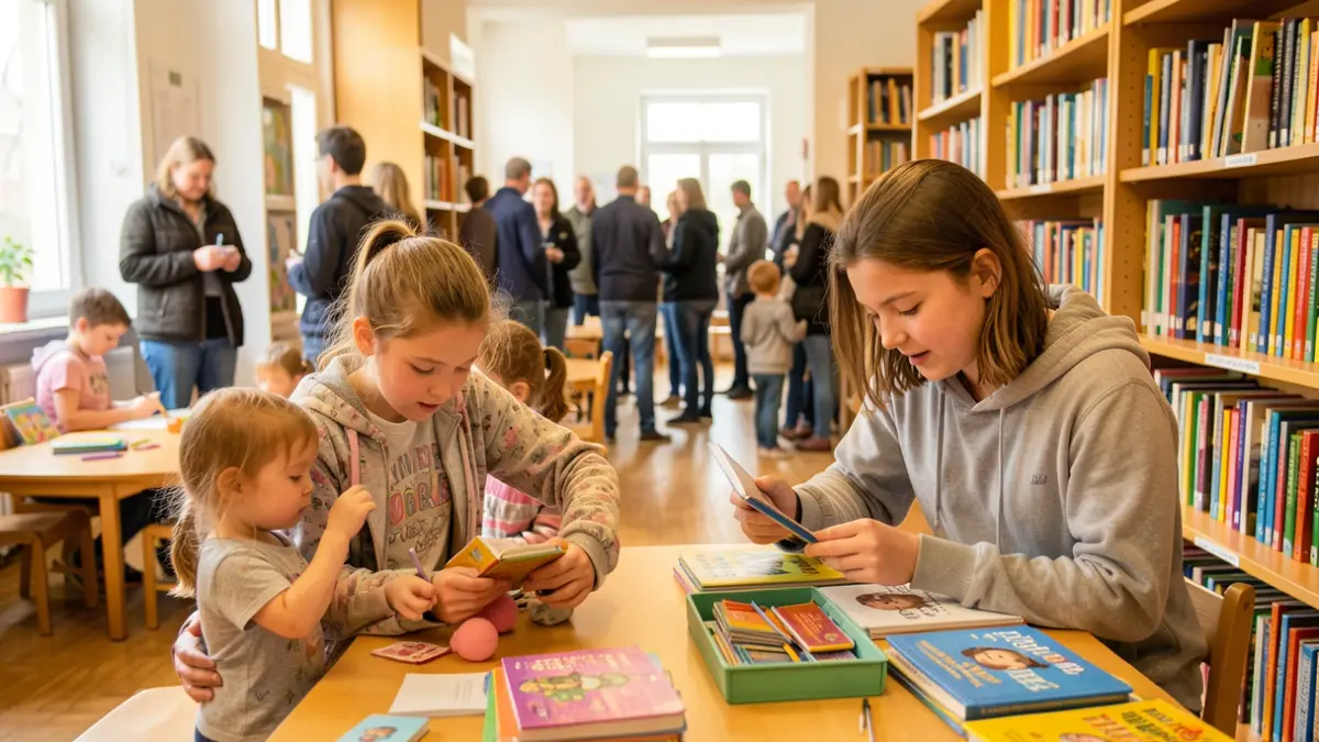 Generieke afbeelding van twee jonge leerlingen die verschillende taken uitvoeren op hun werkplek tijdens een actiedag, met een focus op hun activiteiten.