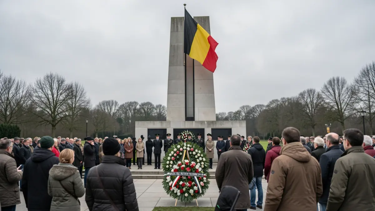 Een plechtige herdenkingsceremonie bij een oorlogsmonument in Vlaanderen, met een Belgische vlag halfstok en een krans van bloemen, zacht bewolkt daglicht, documentaire stijl.