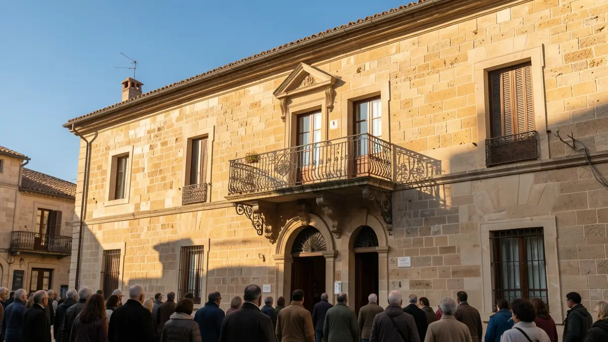Generic image of a traditional stone town hall facade with an ornate balcony and iron railings, warm afternoon sunlight casting shadows on the sandstone walls, blue sky, documentary photography style.