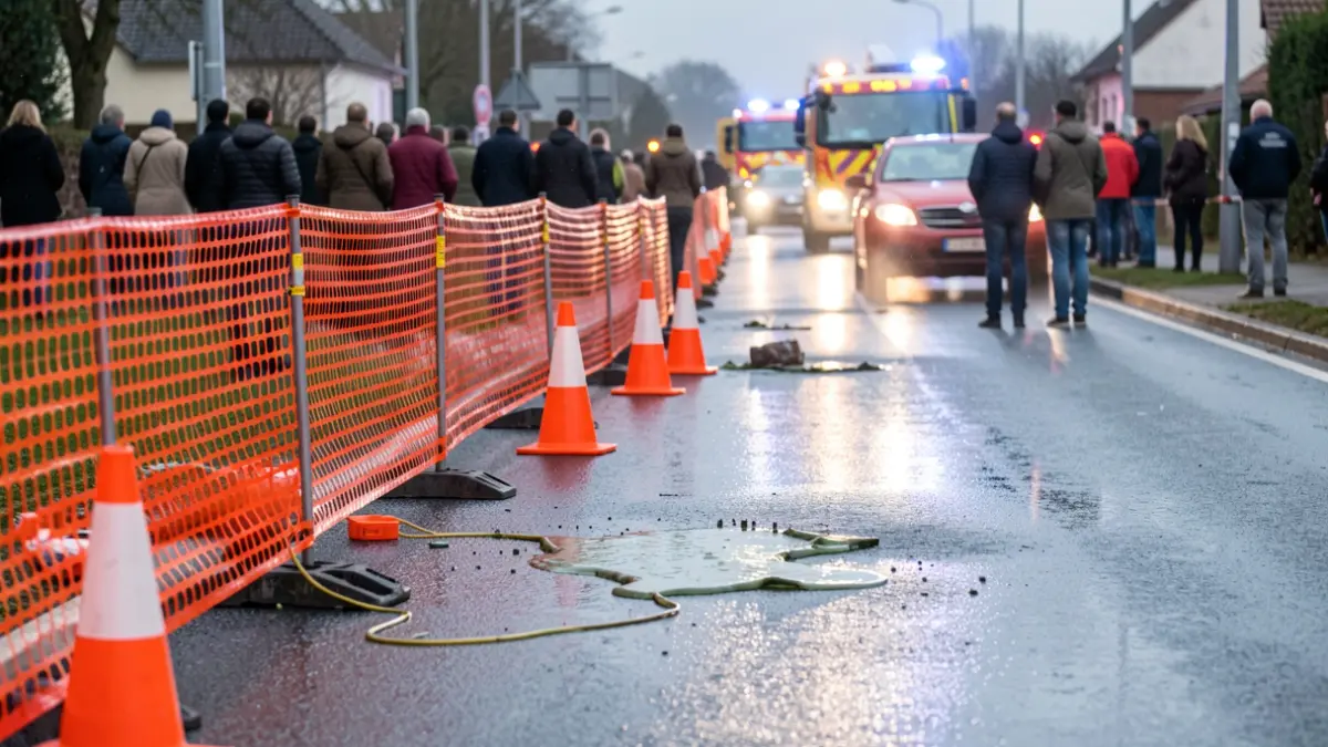 Generieke afbeelding van een afgezette weg in Vlaanderen met oranje veiligheidsbarrières en verkeerskegels wegens een olielek. De weg is nat en weerspiegelt de lichte schijn van hulpdiensten op de achtergrond.
