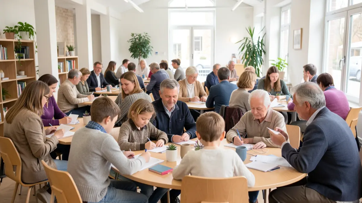 Generic image of a diverse group of people of various ages filling out questionnaires in a bright, modern community space.