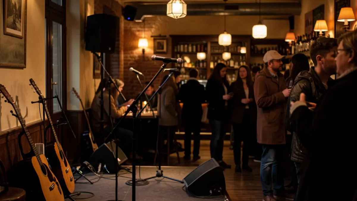 An atmospheric cafe interior with a stage, microphones, and musical instruments, warm lighting, and blurred background patrons.