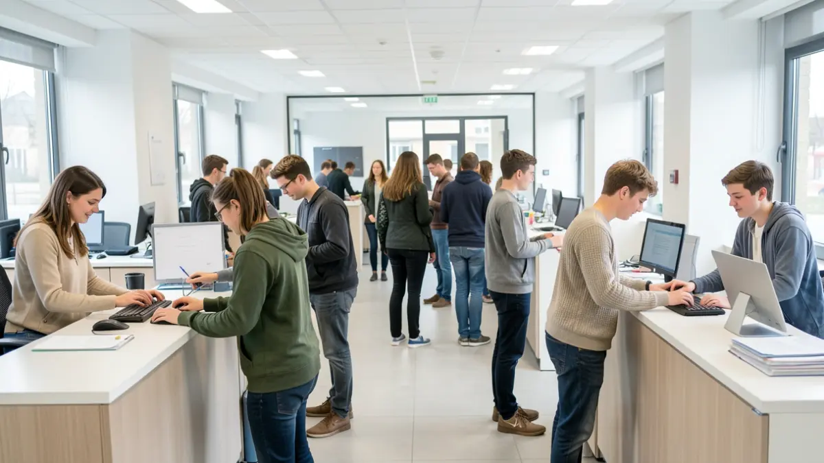 Generic image of a group of young people enthusiastically working at various municipal service desks in a modern office setting.