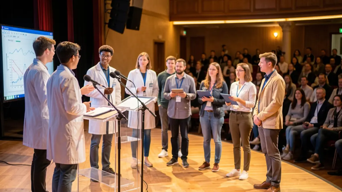 Generieke afbeelding van een podium met microfoons en schermen.