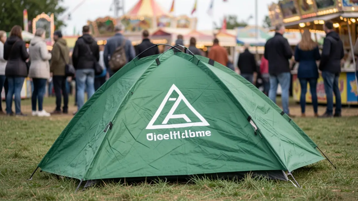 Generic image of a green folded tent with a white logo and text, set up on grass with a blurred fairground background.