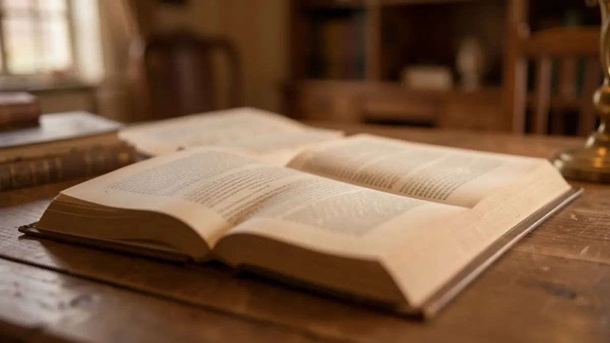 Generic image of an open book with blurred text on the pages, resting on a wooden desk. Soft, warm light illuminates the scene, creating a shallow depth of field. The background is a softly blurred Flemish interior.