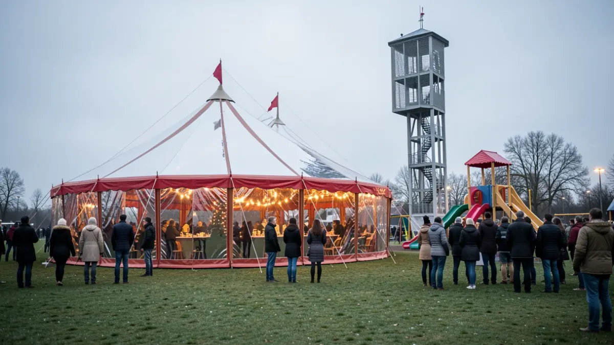 Generieke afbeelding van een feestelijke spiegeltent op een grasveld bij een speeltoren, met warme verlichting van binnenuit, wat duidt op een winterevenement.