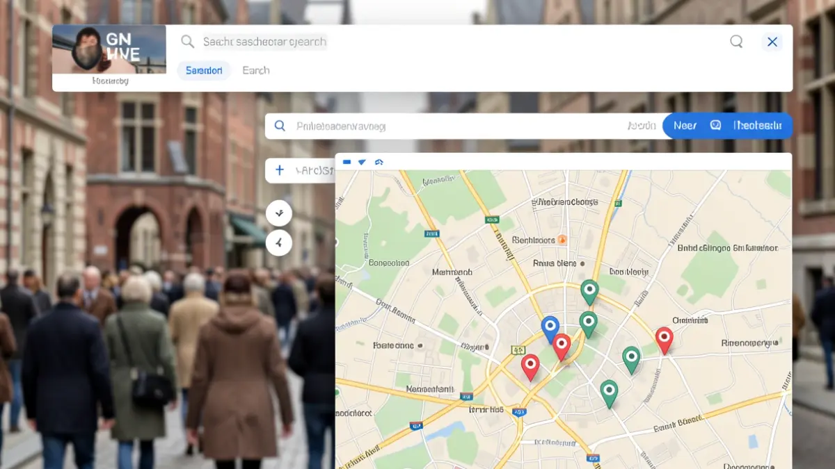 Generieke afbeelding van een digitale kaartinterface met een zoekbalk en pins die graven aanduiden, met vervaagde tekst-elementen op de achtergrond.