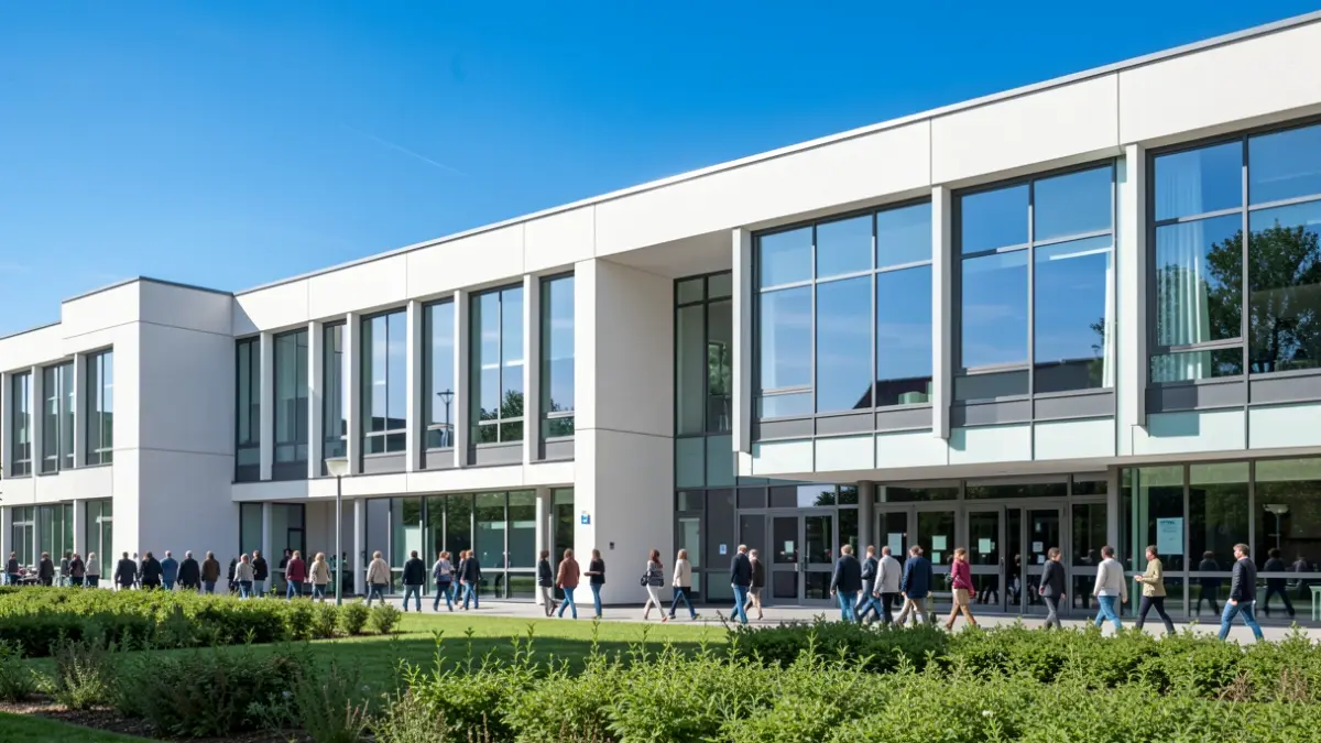 Generic image of a modern municipal building in Flanders with large windows and clean architecture, against a clear blue sky.