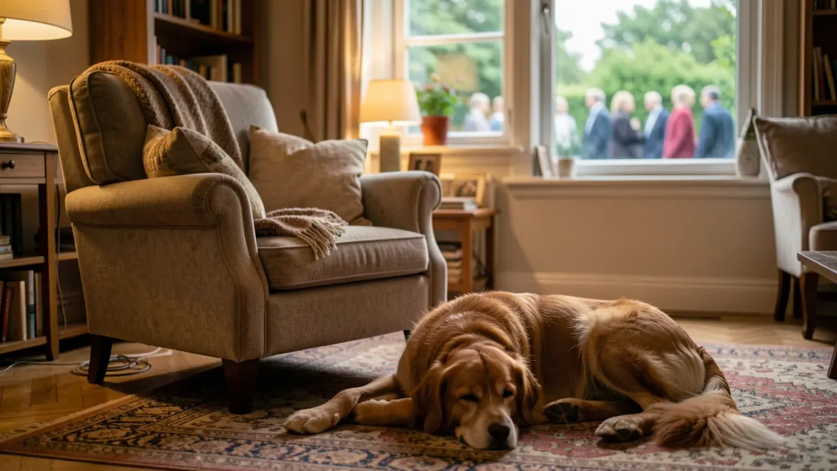 Een hond die vredig slaapt in een warme woonkamer, met zachte verlichting en een groene tuin op de achtergrond.