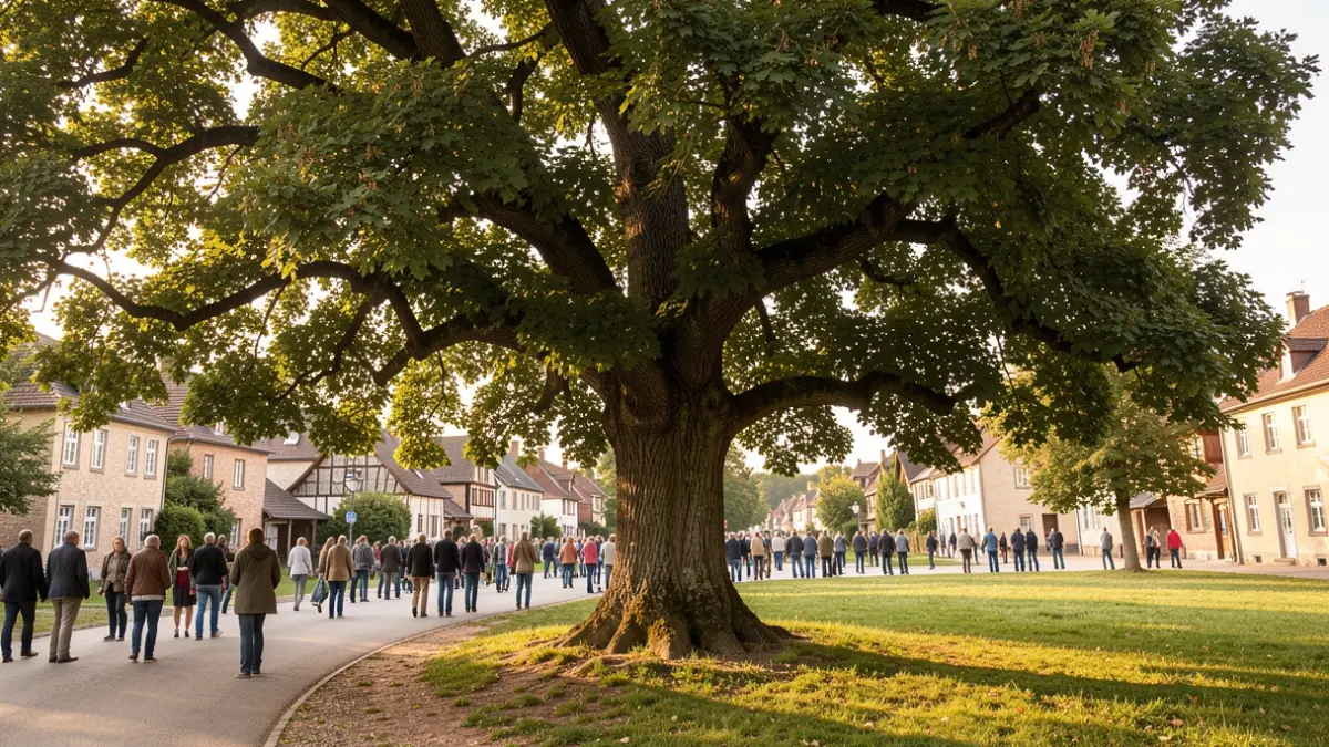 Generic image of a majestic, old oak tree with a wide crown and a sturdy trunk, serving as a landmark in a landscape.