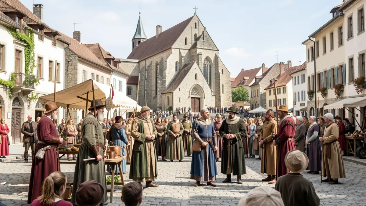 Generic image of a historical reenactment with actors in medieval costumes on a town square, with a church in the background. Bright daylight, documentary style.