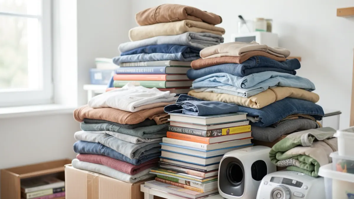 Generieke afbeelding van een stapel herbruikbare spullen zoals kleding, boeken en kleine apparaten, netjes opgestapeld in een lichte, schone opslagruimte.