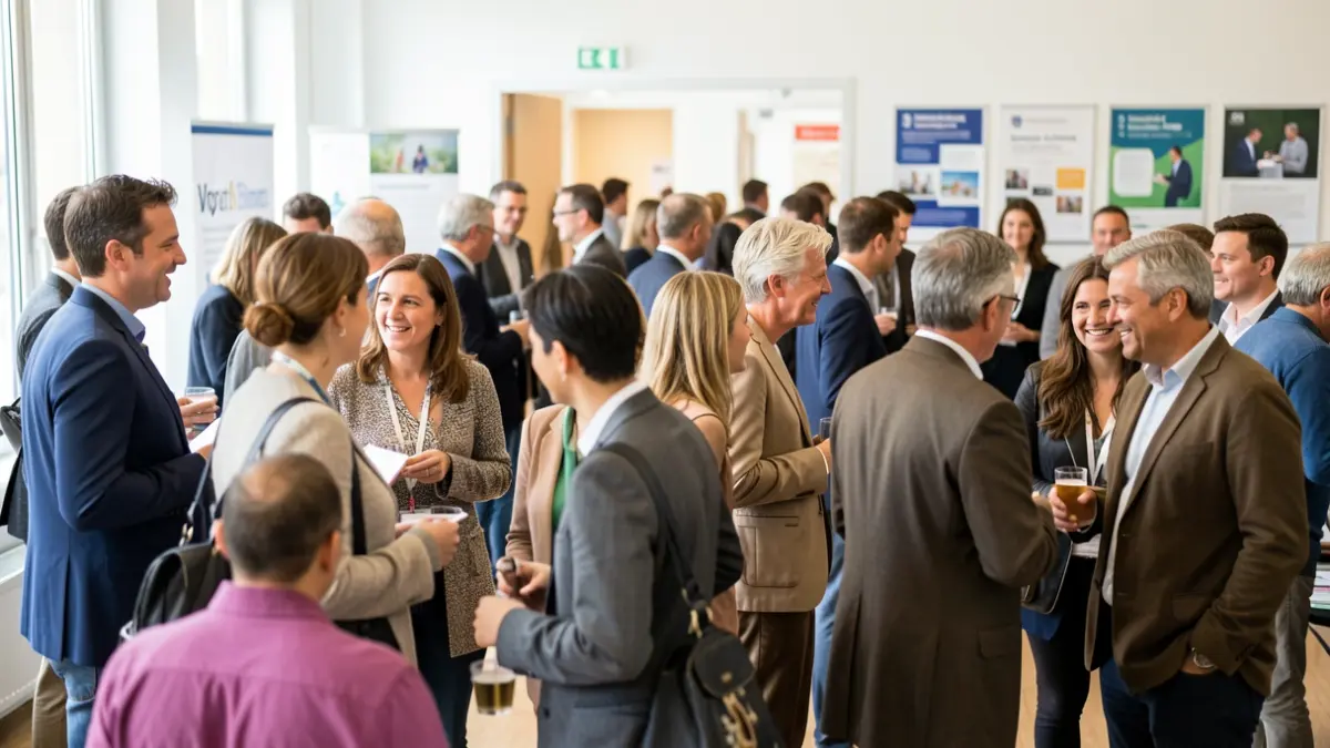 Generieke afbeelding van een jobbeurs met werkzoekenden en werkgevers in gesprek.