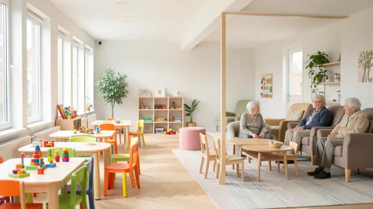 Generic image of a modern childcare space with toys and a separate seating area for the elderly, symbolizing intergenerational connection.