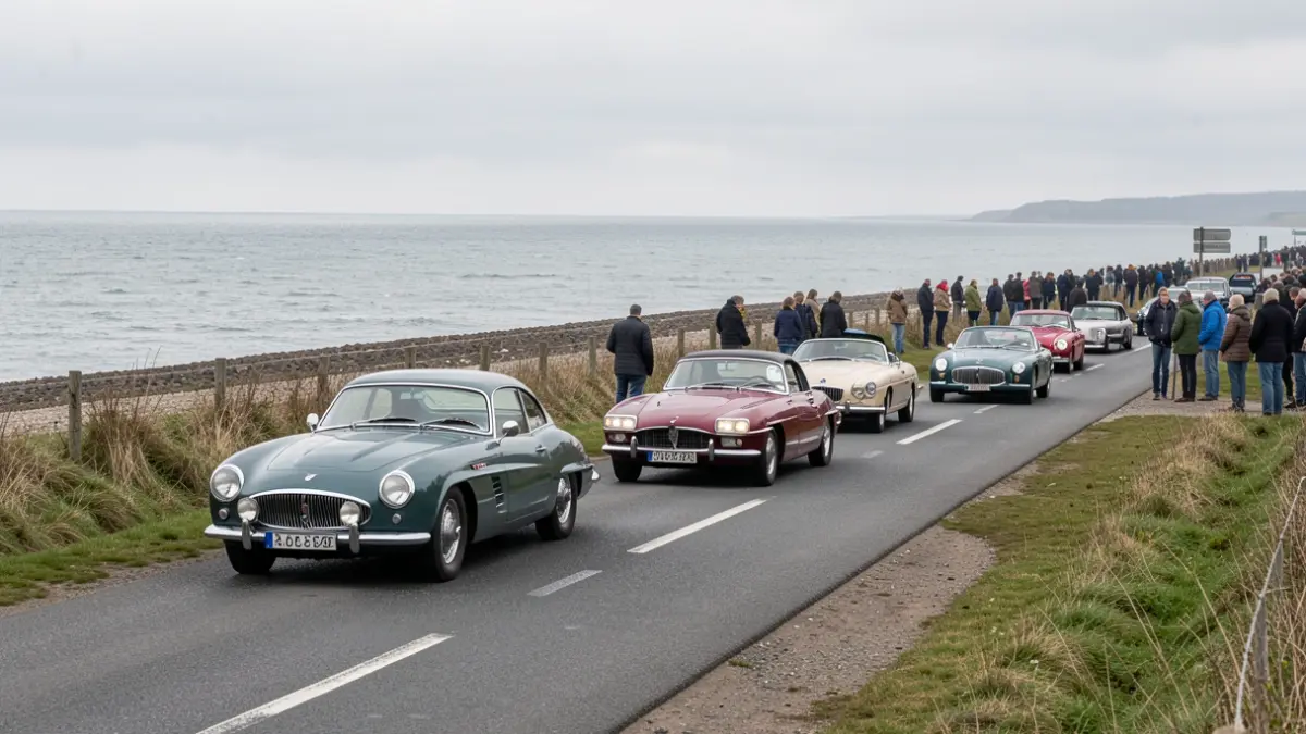 Generic image of a classic car rally on the coast of Flanders, with the North Sea in the background. The weather is slightly overcast, typical of the Belgian coast. The focus is on the elegant lines of vintage cars and the scenic coastal landscape.