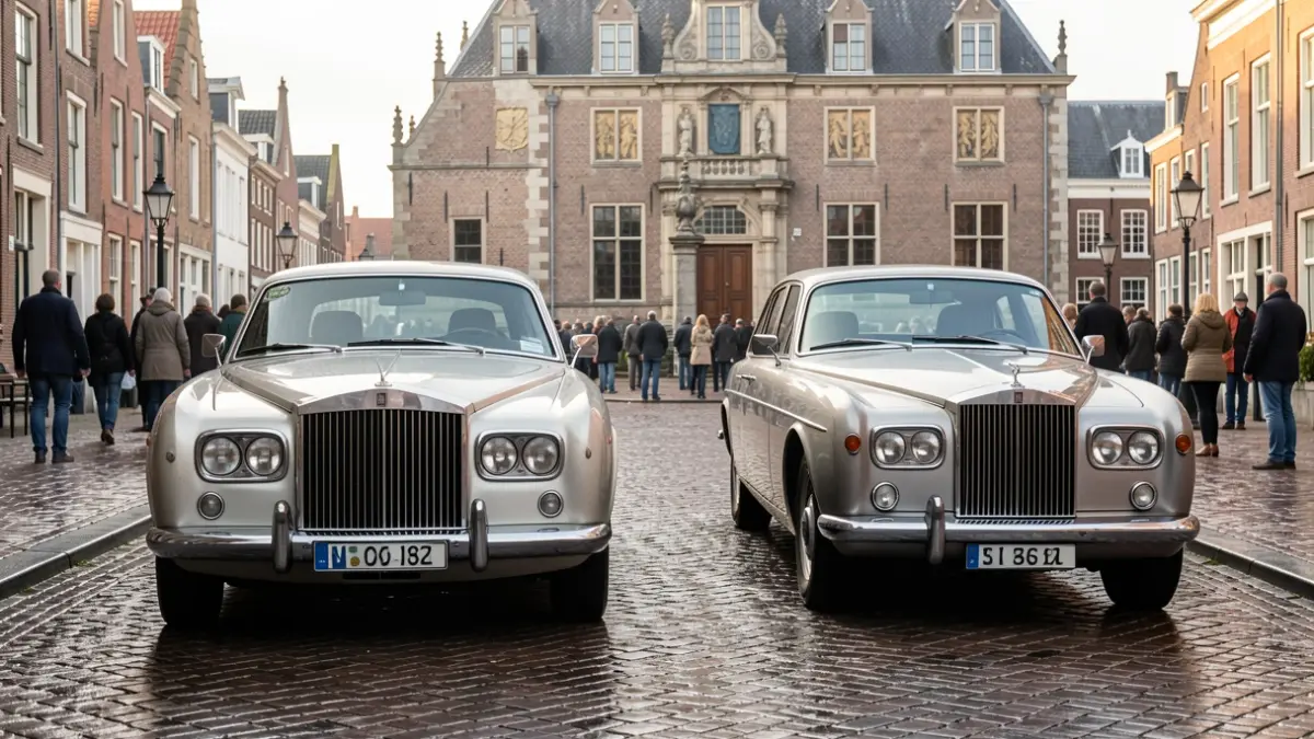 Two exclusive electric cars, a Bentley Torcal and Rolls-Royce Spectre Series 2, parked on a wet cobblestone street in Knokke-Heist with a Flemish town hall facade in the background.