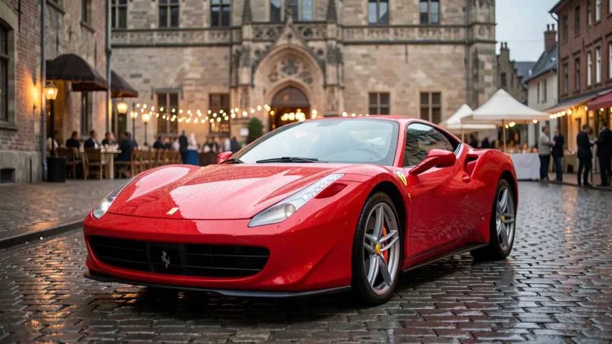 Generic image of a classic Ferrari on a wet cobblestone street in front of a historic Flemish town hall, with blurred gala event lights in the background.