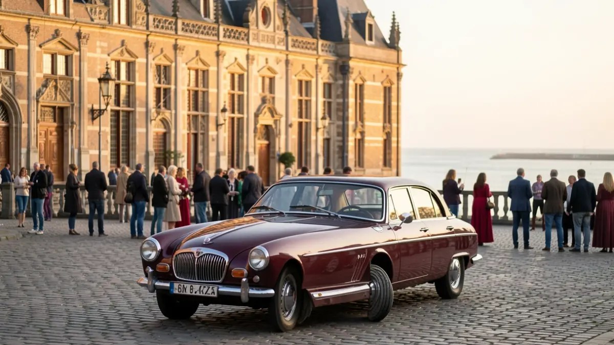 A classic car parked on a cobblestone street in front of a historic Flemish town hall with ornate architecture, bathed in the warm glow of late afternoon sun. The background shows blurred figures enjoying the event and the North Sea in the distance.