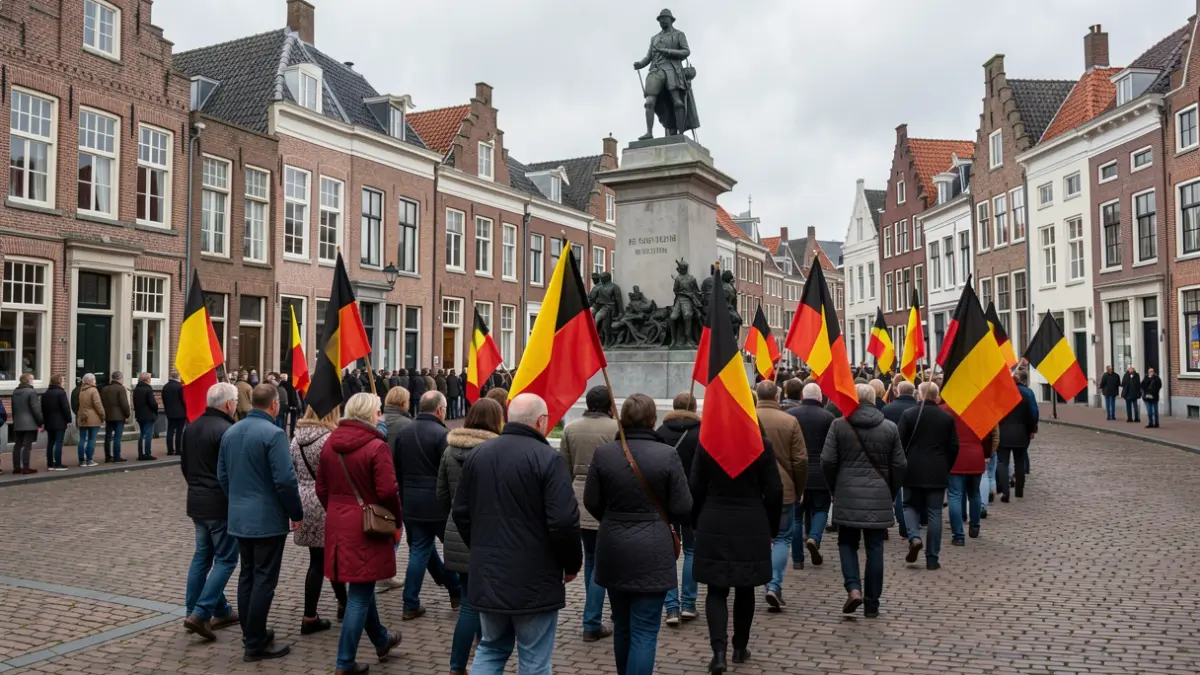 Generieke afbeelding van een plechtige stoet met Belgische vlaggen op weg naar een oorlogsmonument in een Vlaamse stad, met traditionele Vlaamse architectuur op de achtergrond.