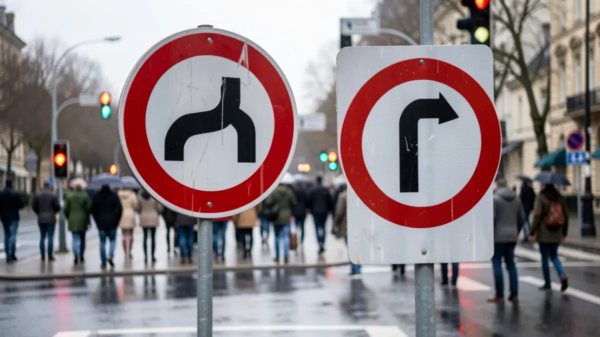 Generic image of a road sign indicating a detour or new route, with blurred traffic lights and wet asphalt in the background.