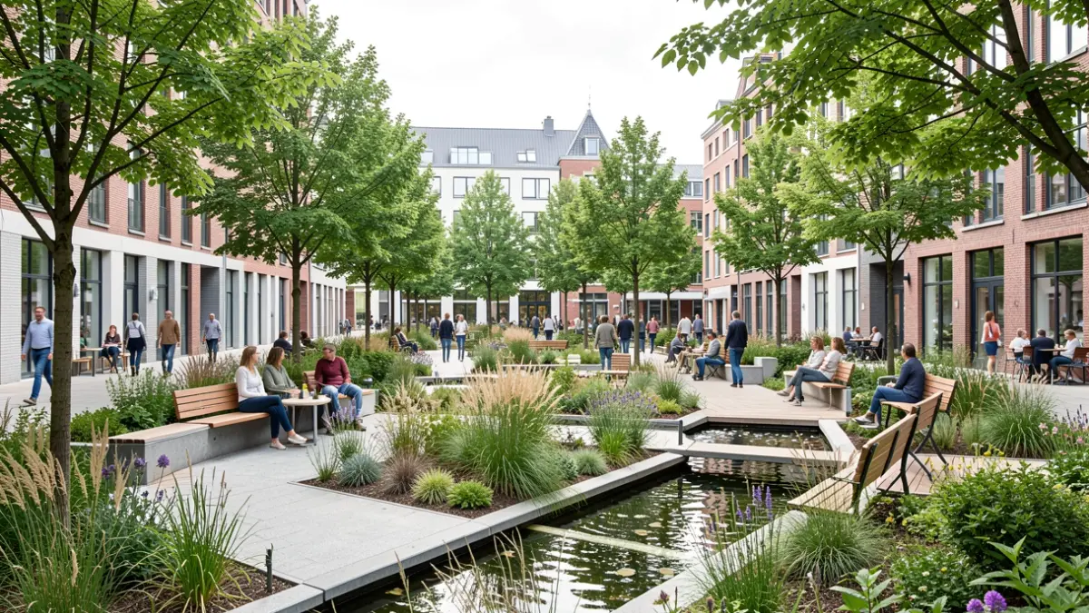 Generic image of a green urban park with diverse seating areas and native plants, symbolizing biodiversity and water management, in Flemish style.