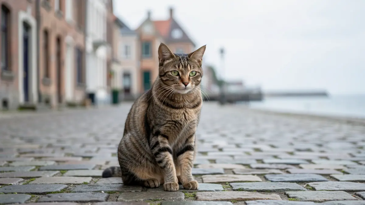 Een zwerfkat op een kasseistraat in een Belgische kuststad.