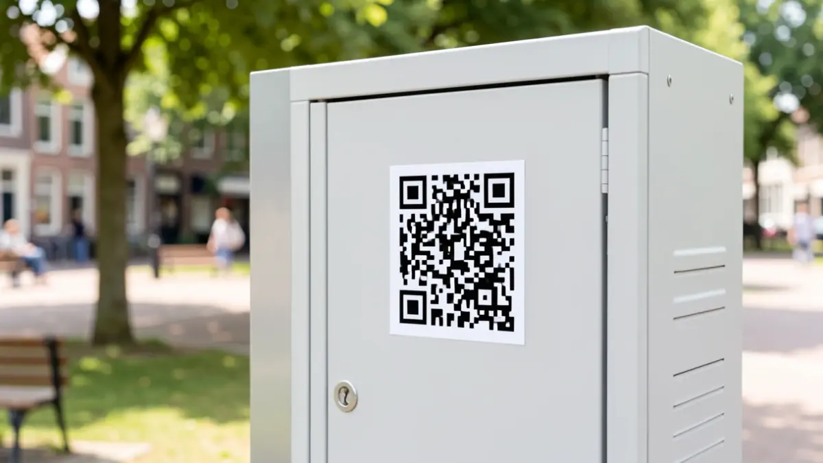 Generic image of a modern, clean outdoor locker with a QR code, placed in a Flemish public space in daylight.